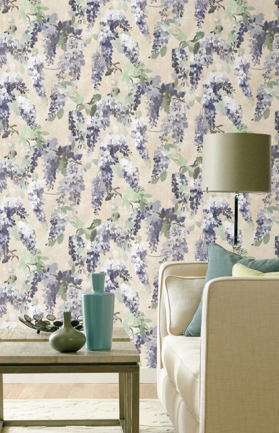 Wallpaper, blue, green, flowers, branches, AU41603, Aurelia, Prestige Wallcoverings