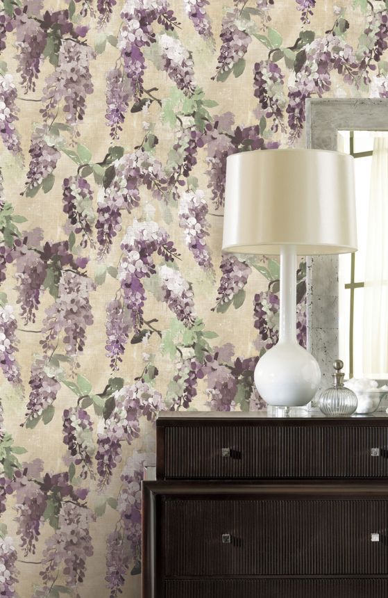 Wallpaper, purple, beige, flowers, branches, AU41604, Aurelia, Prestige Wallcoverings