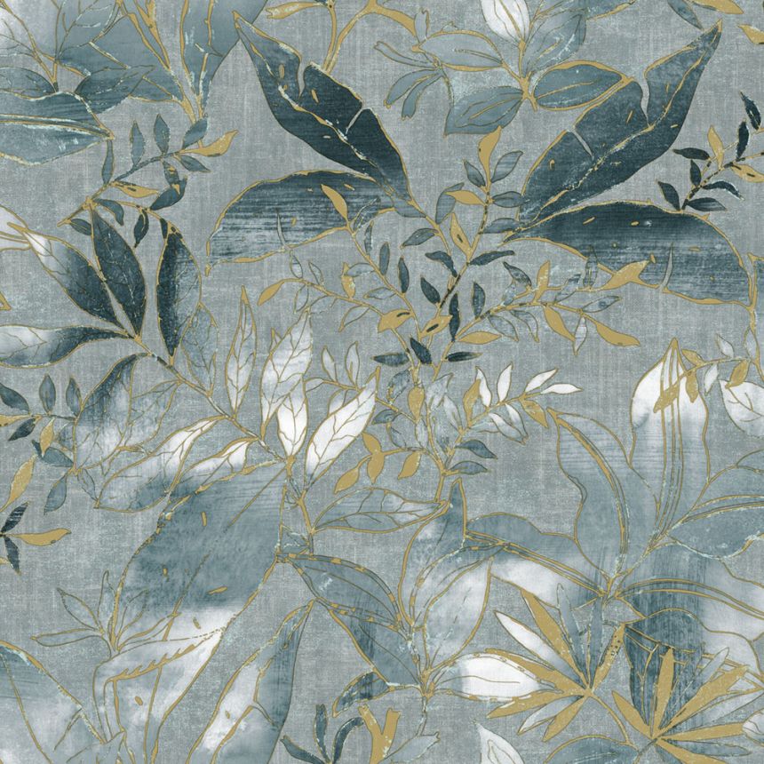 Wallpaper, blue, gold, leaves and branches, AU41704, Aurelia, Prestige Wallcoverings
