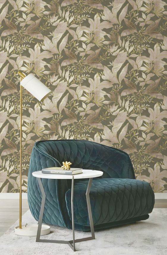 Wallpaper, green, gold, leaves and branches, AU41705, Aurelia, Prestige Wallcoverings