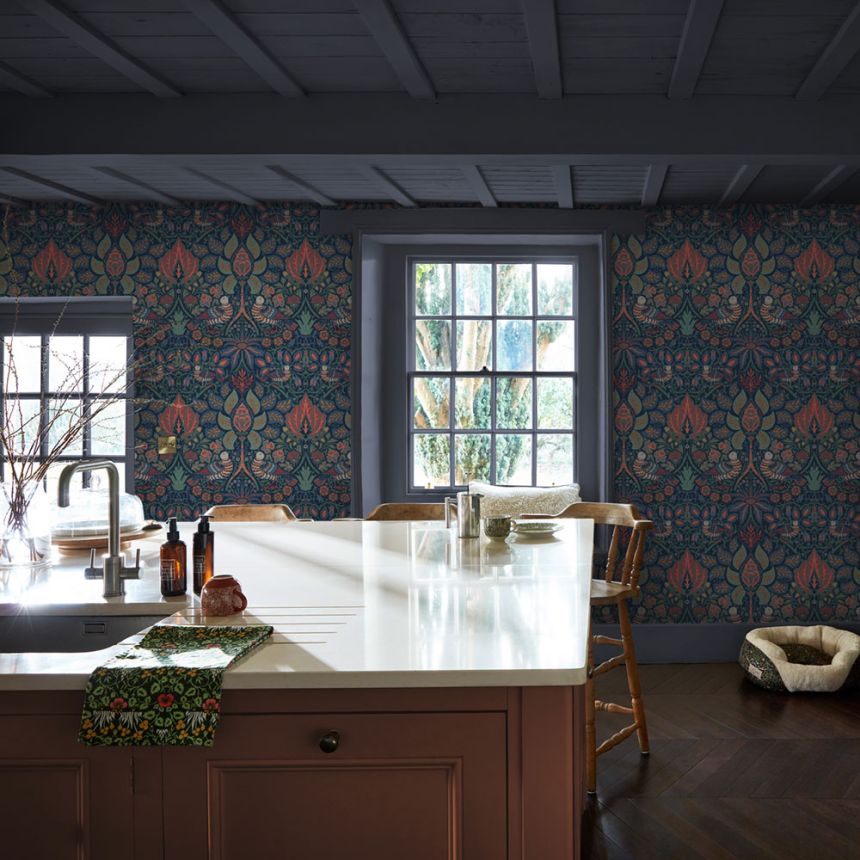 Wallpaper, Blue, Orange, Flowers, Birds, 140477, William Morris at Home vol. 2