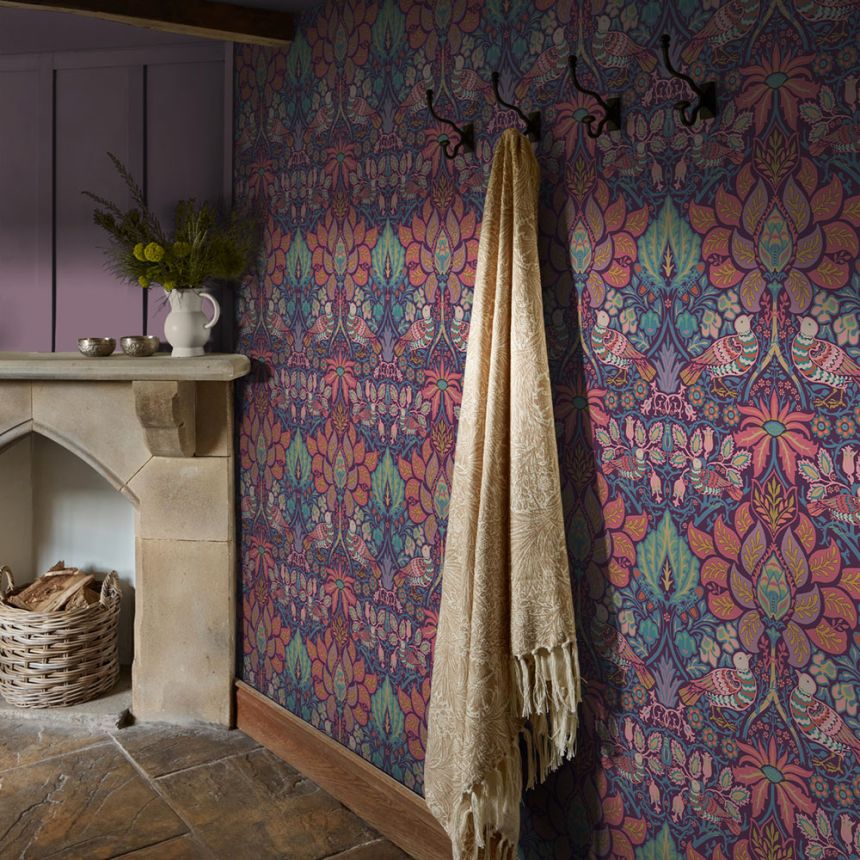 Wallpaper, Purple, Pink, Flowers, Birds, 140478, William Morris at Home vol. 2