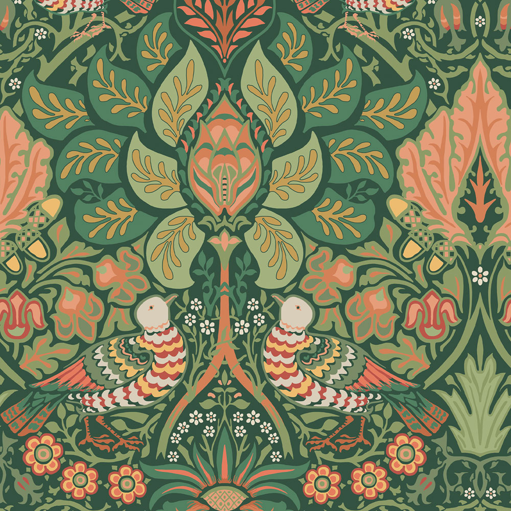 Wallpaper, Green, Red, Flowers, Birds, 140480, William Morris at Home vol. 2