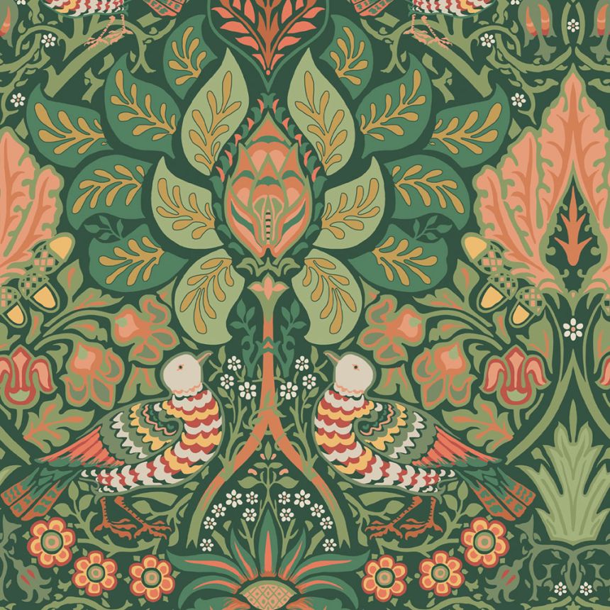 Wallpaper, Green, Red, Flowers, Birds, 140480, William Morris at Home vol. 2