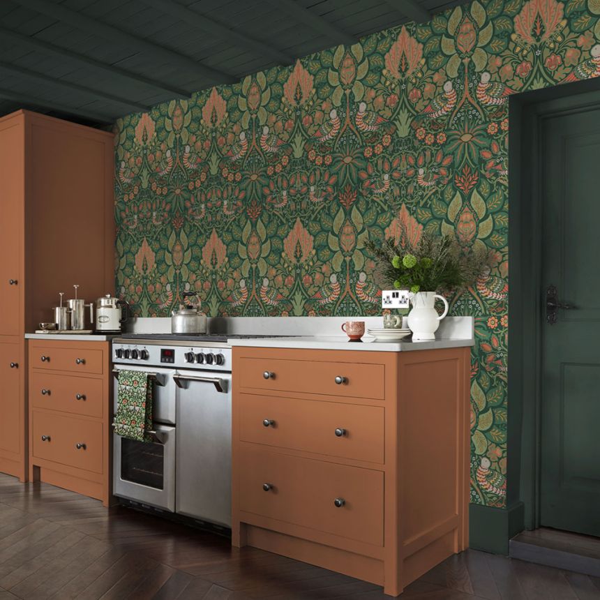 Wallpaper, Green, Red, Flowers, Birds, 140480, William Morris at Home vol. 2