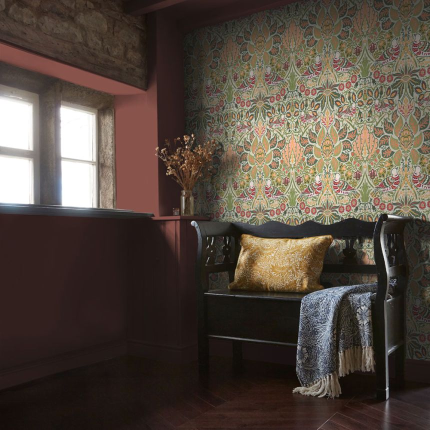 Wallpaper, Olive Green, Red, Flowers, Birds, 140481, William Morris at Home vol. 2