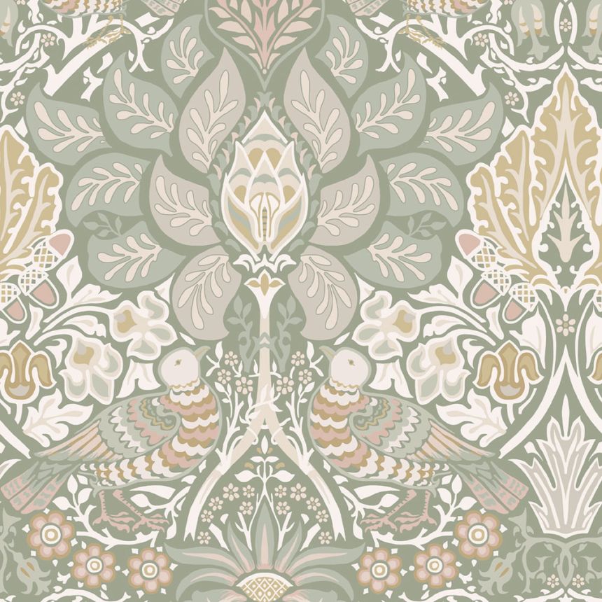 Wallpaper, Green, Pink, Flowers, Birds, 140482, William Morris at Home vol. 2