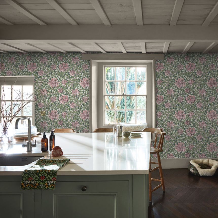 Wallpaper, Green, Pink, Flowers, Leaves, 140486, William Morris at Home vol. 2