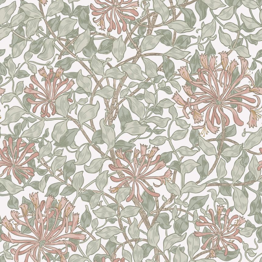 Wallpaper, Olive Green, Pink, Flowers, Leaves, 140488, William Morris at Home vol. 2
