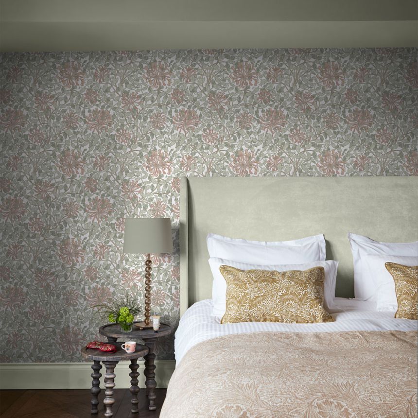 Wallpaper, Olive Green, Pink, Flowers, Leaves, 140488, William Morris at Home vol. 2