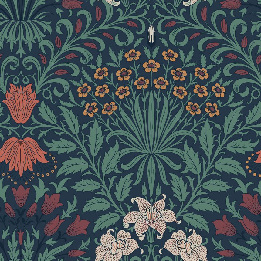 Wallpaper, Blue, Red, Flowers, Leaves, 140494, William Morris at Home vol. 2