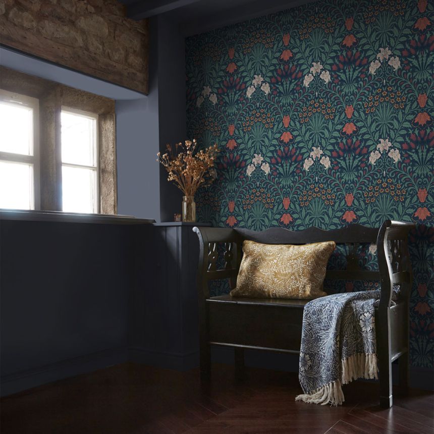 Wallpaper, Blue, Red, Flowers, Leaves, 140494, William Morris at Home vol. 2