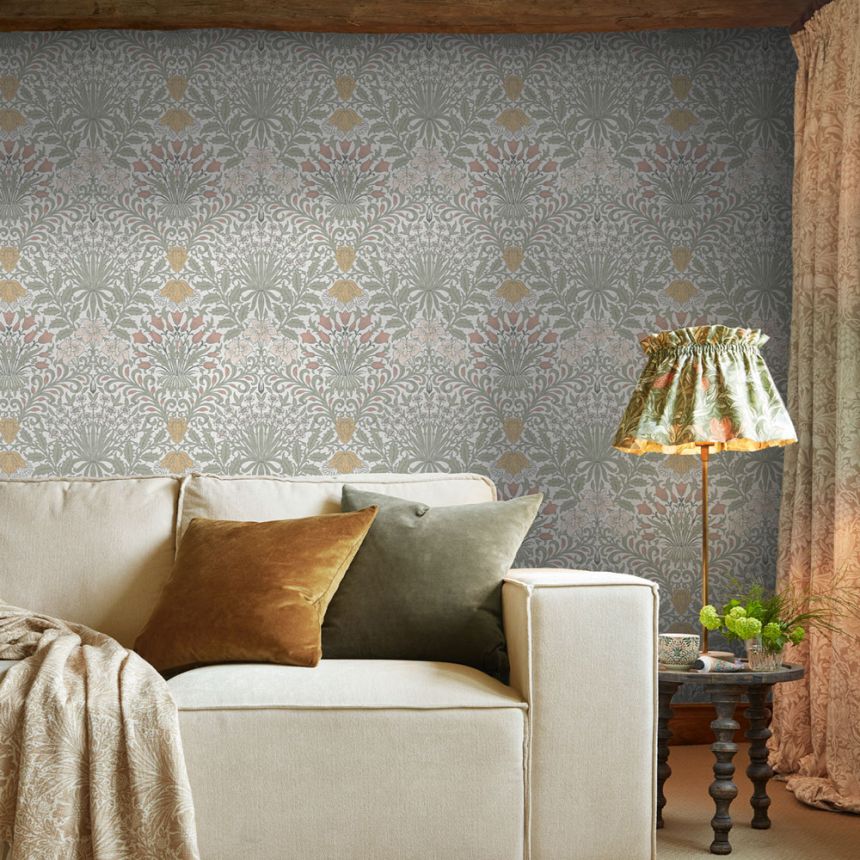 Wallpaper, Grey, Pink, Flowers, Leaves, 140497, William Morris at Home vol. 2