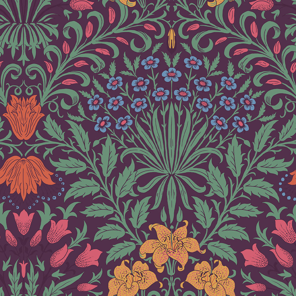 Wallpaper, Purple, Green, Flowers, Leaves, 140498, William Morris at Home vol. 2