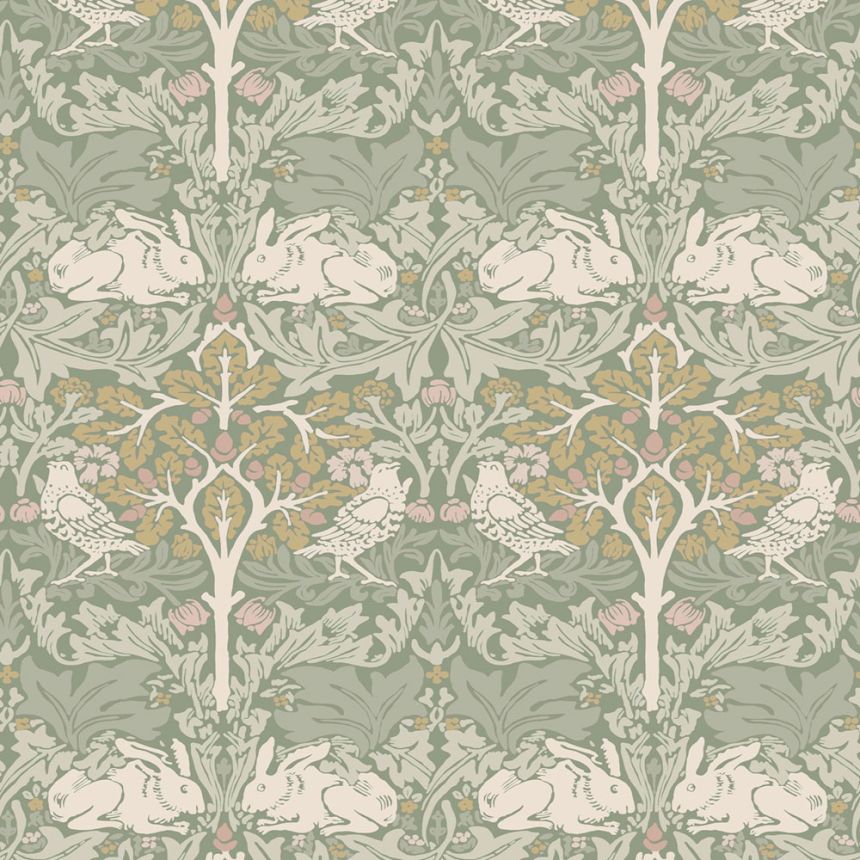 Wallpaper, Grey, Green, Leaves, Trees, Birds, Hares, 140500, William Morris at Home vol. 2