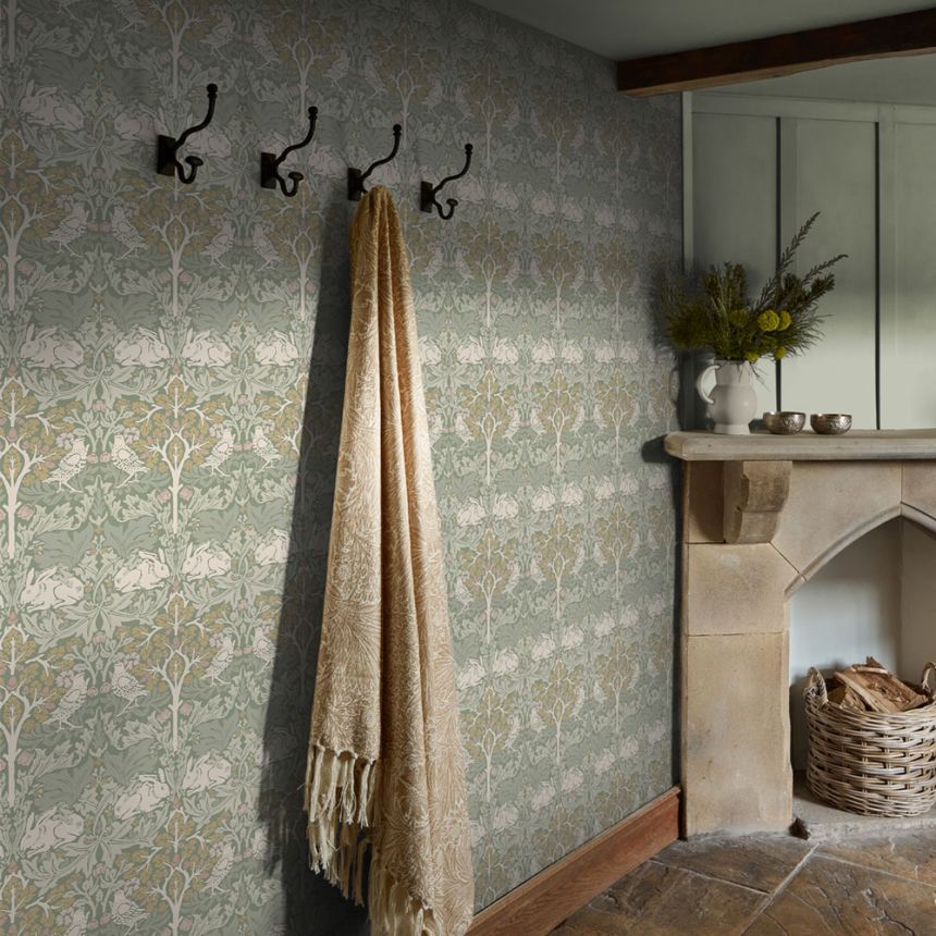 Wallpaper, Grey, Green, Leaves, Trees, Birds, Hares, 140500, William Morris at Home vol. 2