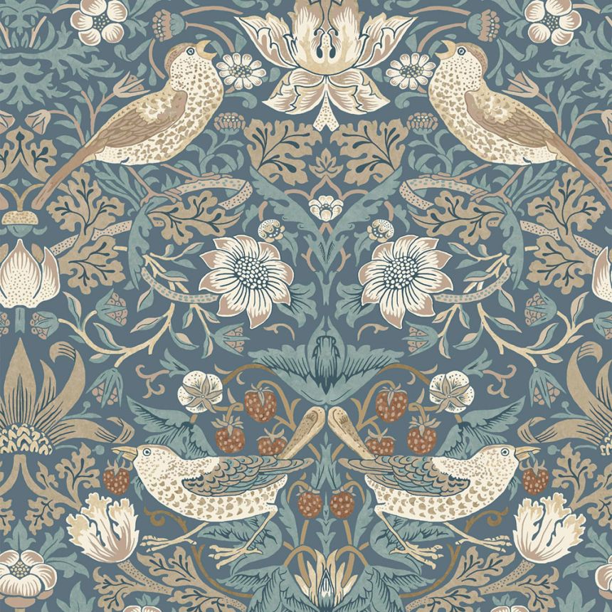Wallpaper, Blue, Beige, Flowers, Birds, 140503, William Morris at Home vol. 2