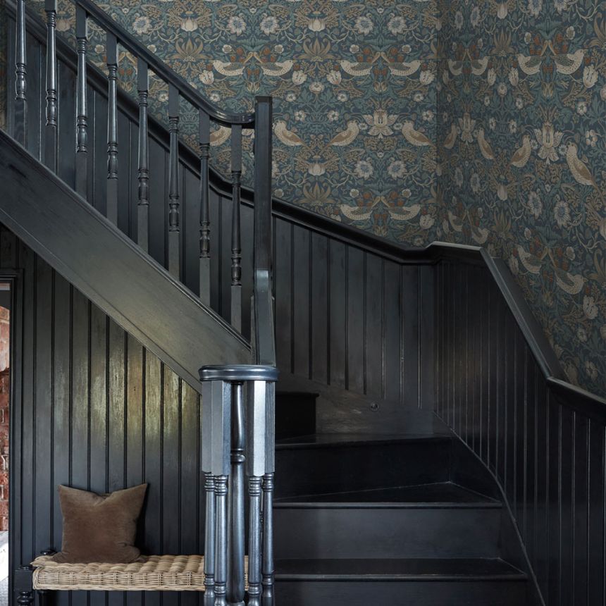 Wallpaper, Blue, Beige, Flowers, Birds, 140503, William Morris at Home vol. 2