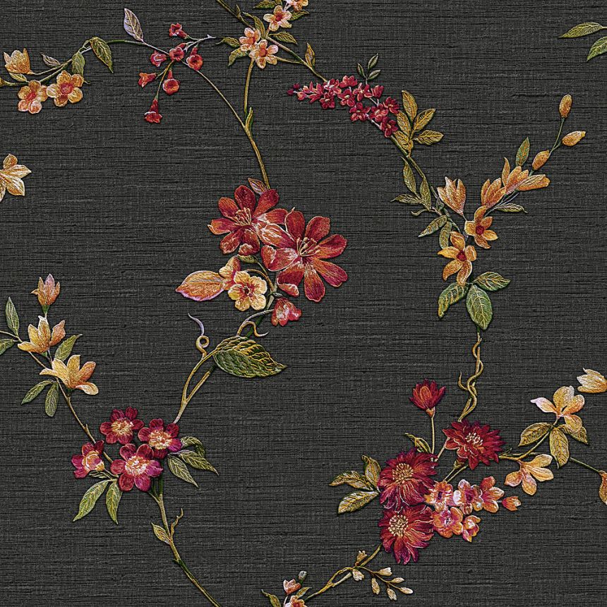 Luxury black non-woven floral wallpaper FT221214, Fabric Touch, Design ID