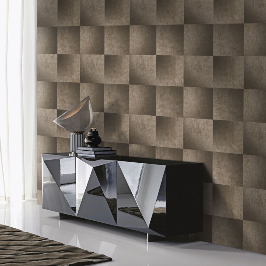 Brown geometric design wallpaper with a fabric texture 45254, Feeling, Emiliana