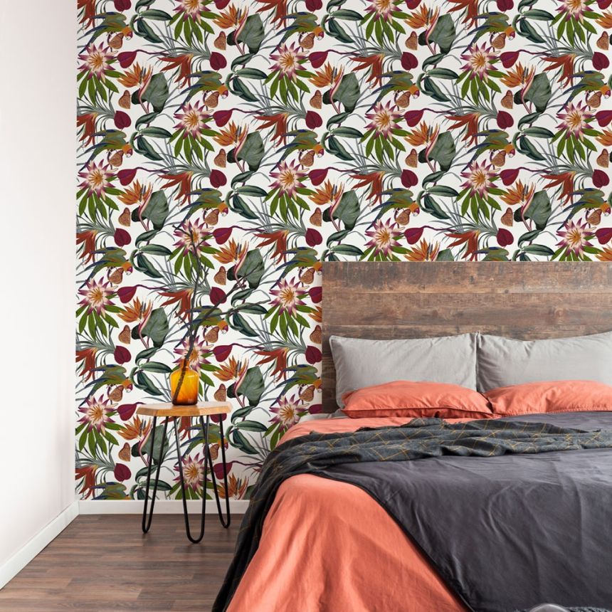 Non-woven wallpaper Exotic flowers, leaves and parrots 108601, Vavex 2022