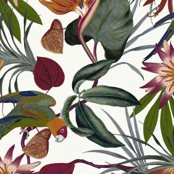 Non-woven wallpaper Exotic flowers, leaves and parrots 108601, Vavex 2022