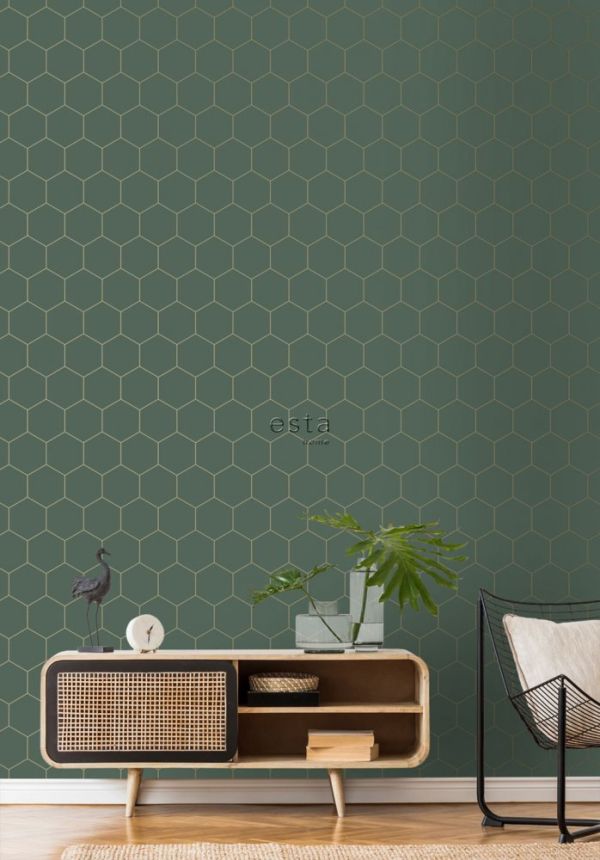 Dark green non-woven wallpaper, hexagons pattern 139228, Art Deco, Esta