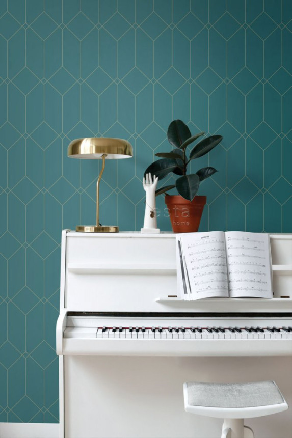 Turquoise geometric non-woven wallpaper, golden lines 139224, Art Deco, Esta