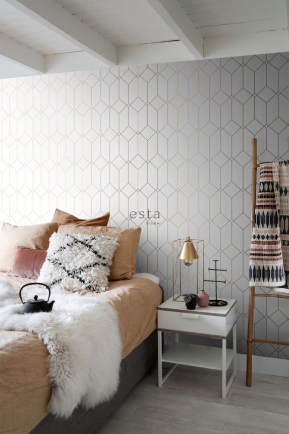 White geometric non-woven wallpaper, golden lines 139223, Art Deco, Esta