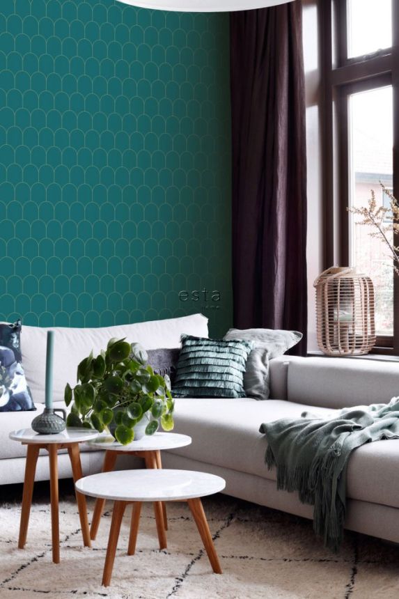 Turquoise non-woven wallpaper, geometric arched pattern 139205, Art Deco, Esta