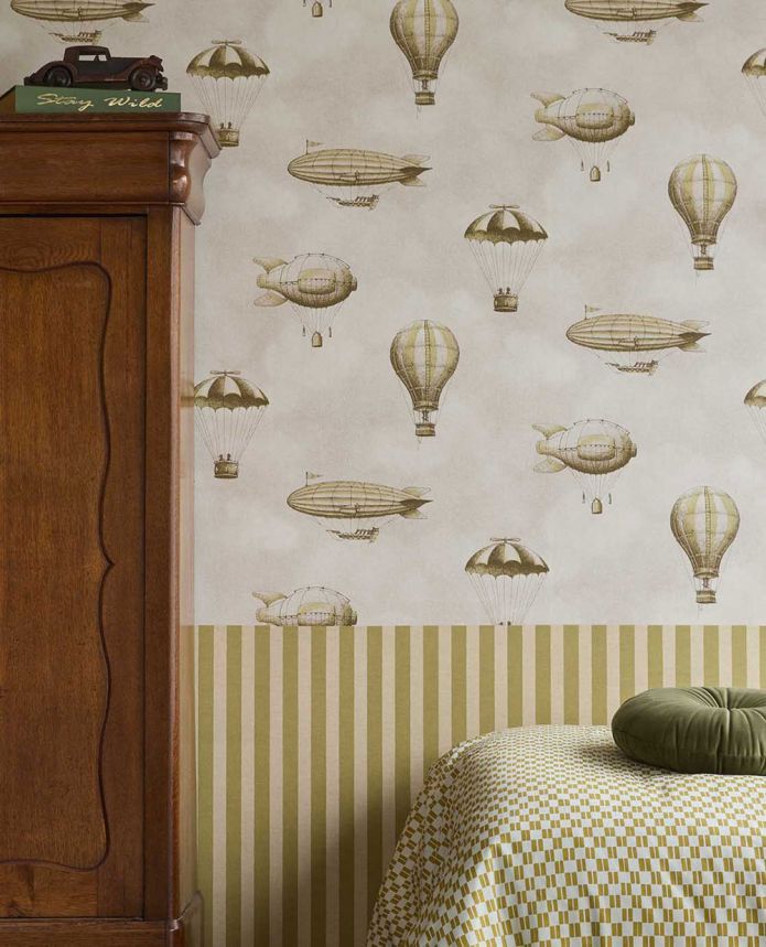 Wallpaper, green, cream-grey, striped fabric effect, 363156, Tiny Treasures, Eijffinger