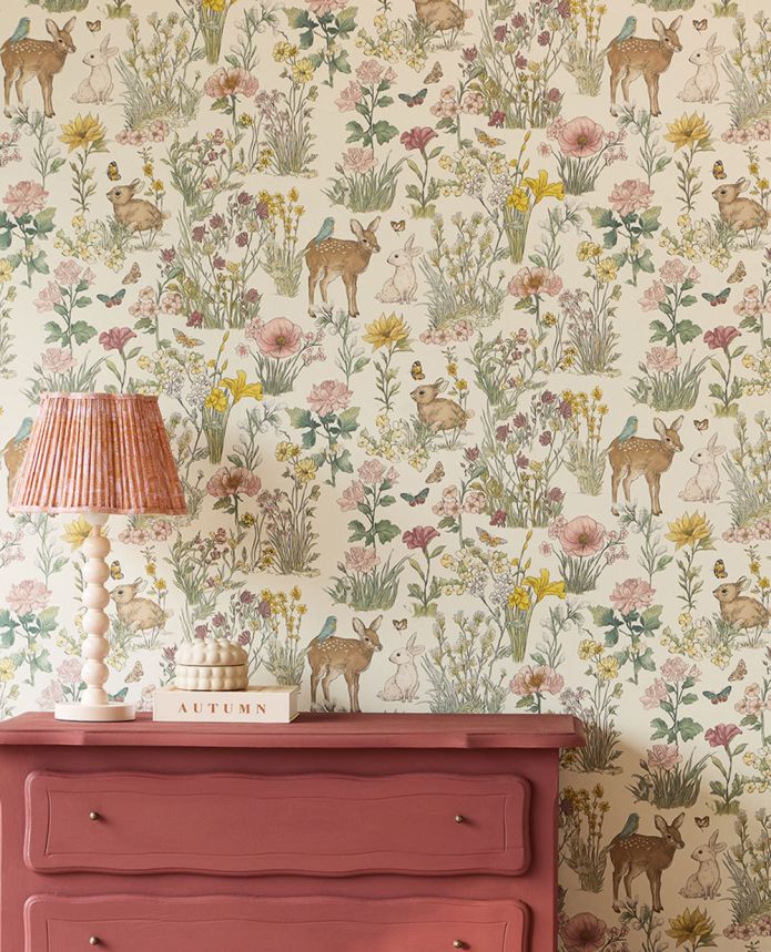 Kids' wallpaper, cream, animals, flowers, 363190, Tiny Treasures, Eijffinger