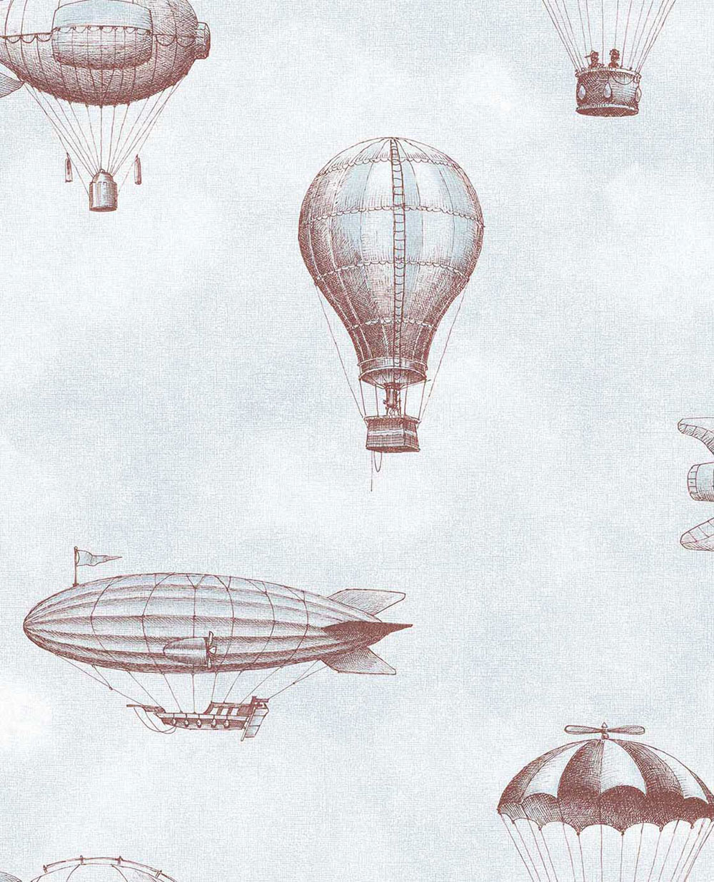 Kids' wallpaper, pale blue, burgundy, balloons, airships, 363121, Tiny Treasures, Eijffinger