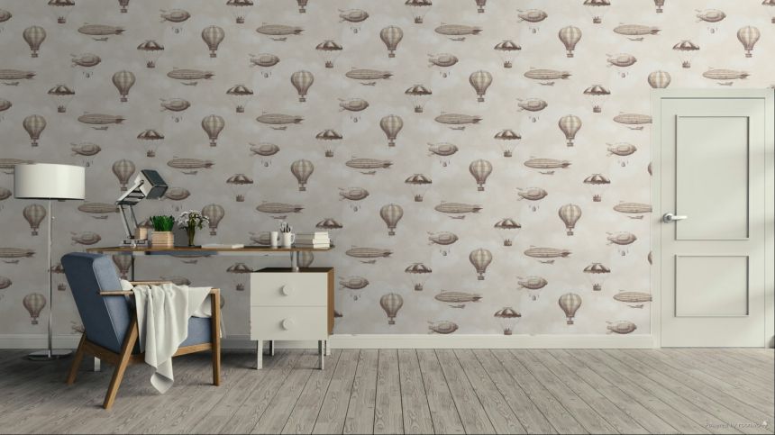 Kids' wallpaper, brown, beige, balloons, airships, 363122, Tiny Treasures, Eijffinger