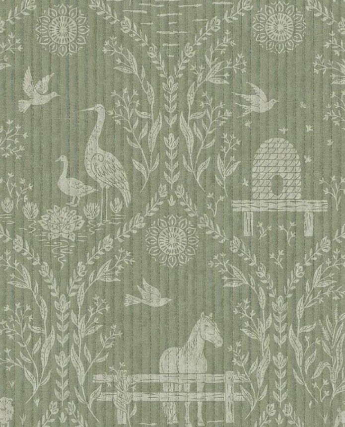Green wallpaper, animals, flowers, 363134, Tiny Treasures, Eijffinger