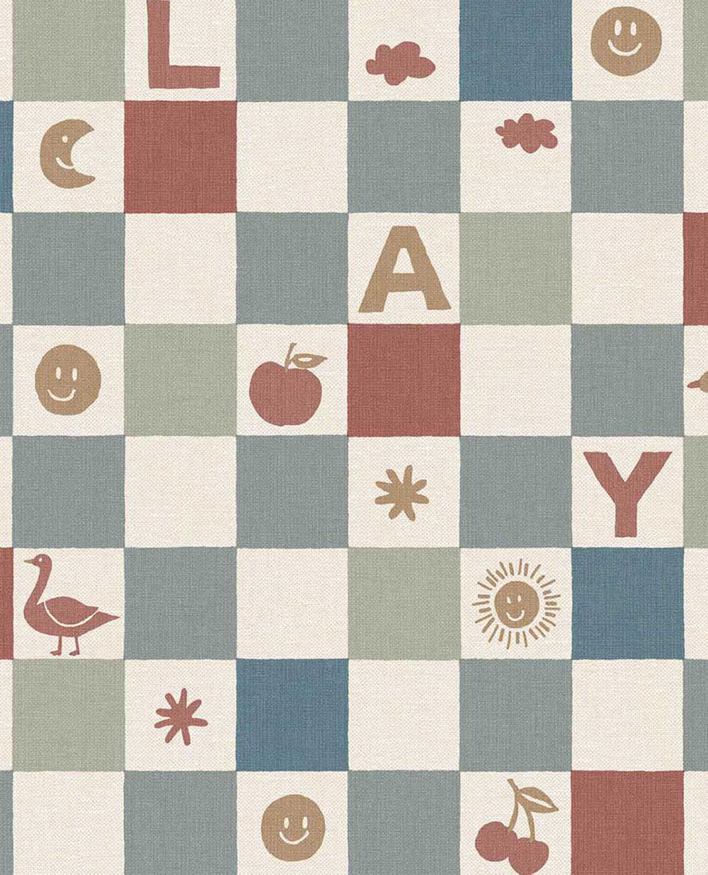Kids' wallpaper, red, blue, checkerboard pattern with symbols, 363140, Tiny Treasures, Eijffinger