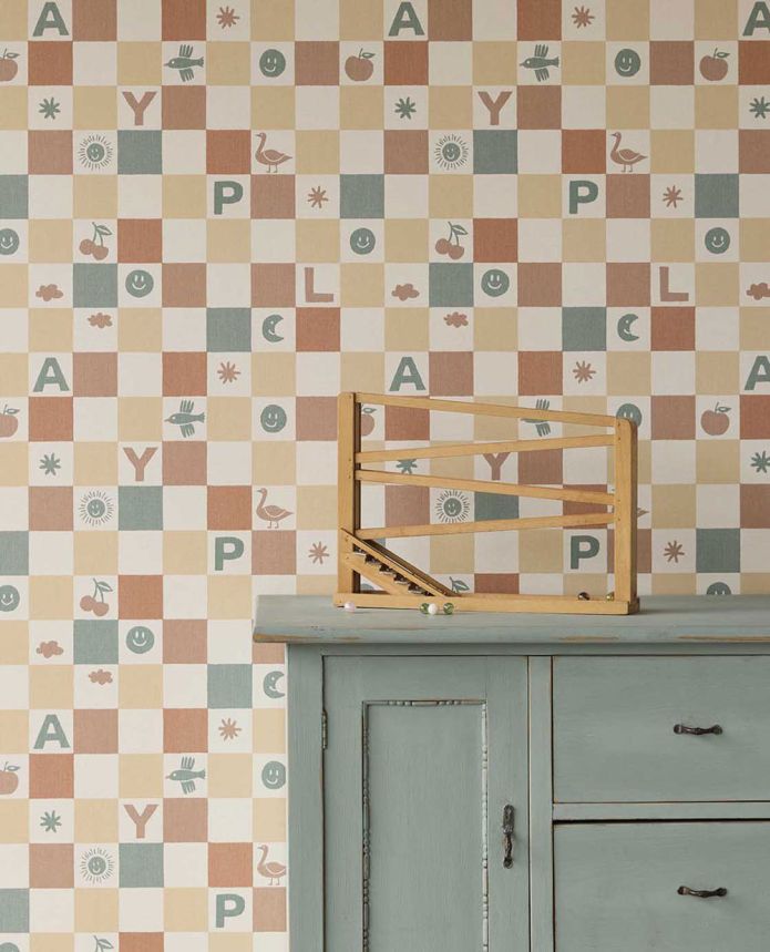 Kids' wallpaper, green, beige, checkerboard pattern with symbols, 363141, Tiny Treasures, Eijffinger