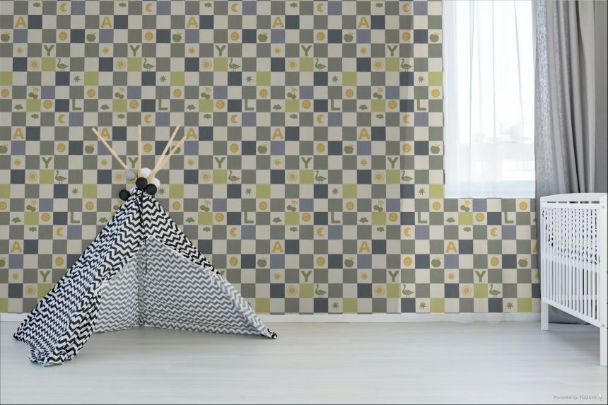 Kids' wallpaper, blue, green, checkerboard pattern with symbols, 363142, Tiny Treasures, Eijffinger