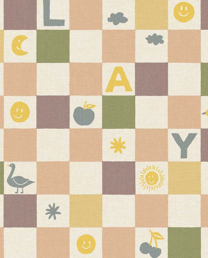 Kids' wallpaper, burgundy, green, checkerboard pattern with symbols, 363143, Tiny Treasures, Eijffinger