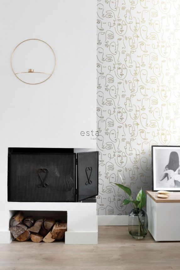 Black and gold graphic non-woven wallpaper Faces 139146, Black & White, Esta