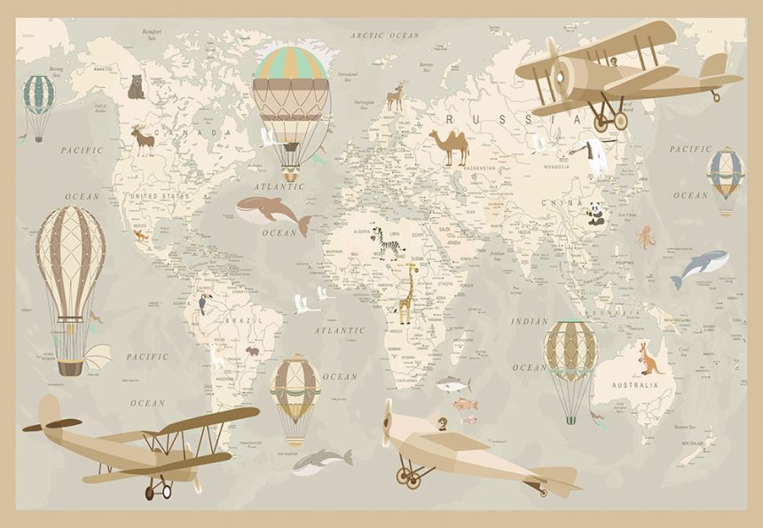 Custom Wall Murals, World Map with Animals, 10203, Vavex