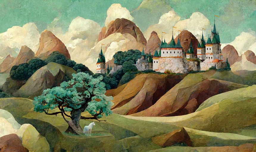 Custom Wall Murals, Castle in the Mountains with Unicorns, 10204, Vavex
