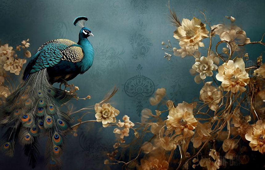 Custom Wall Murals, Peacock with Flowers, 10206, Vavex