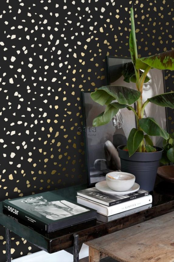 Black non-woven wallpaper, irregular golden shapes 139134, Black & White, Esta