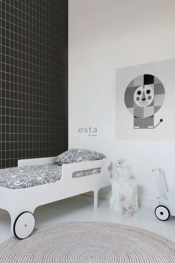 Black non-woven wallpaper, gold outlines of rectangles 139132, Black & White, Esta