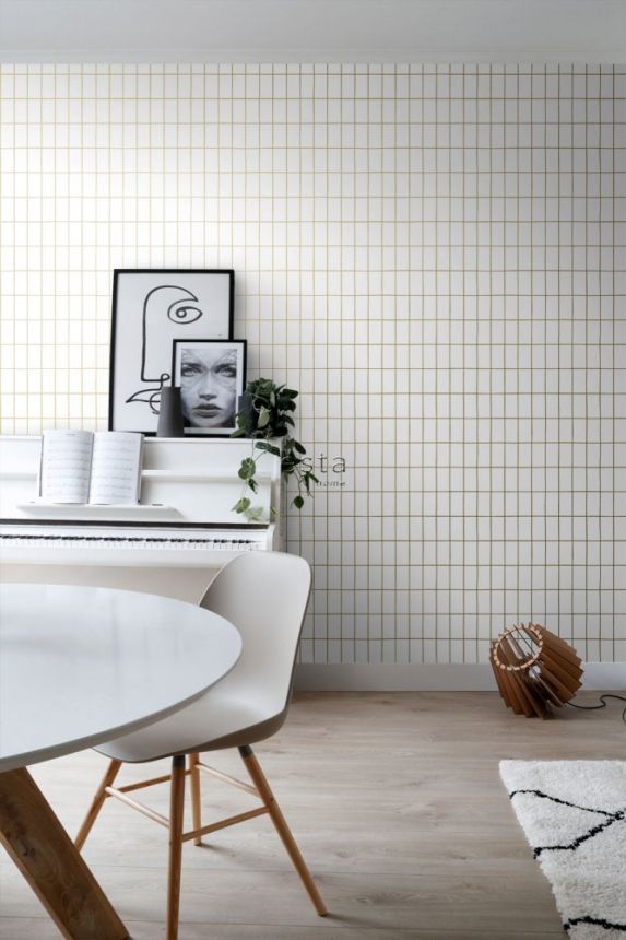 White non-woven wallpaper, gold outlines of rectangles 139131, Black & White, Esta