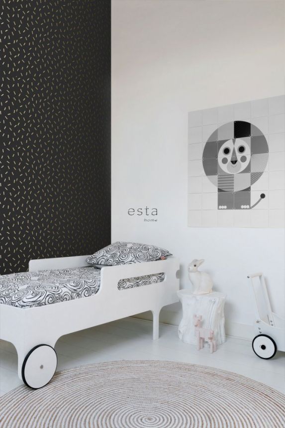 Black non-woven wallpaper with gold short linei 139128, Black & White, Esta
