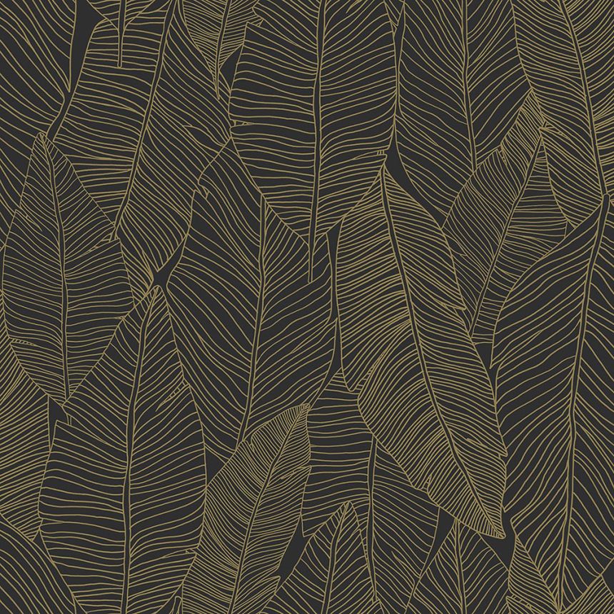 Black non-woven wallpaper with golden leaves contours 139126, Black & White, Esta