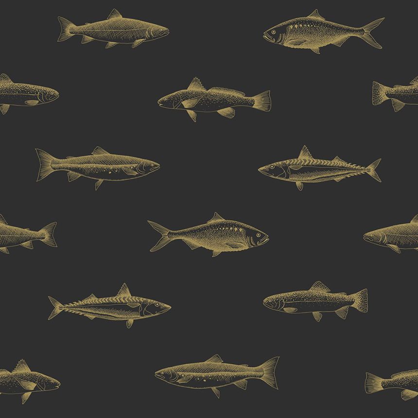Black non-woven wallpaper with golden fish 139124, Black & White, Esta