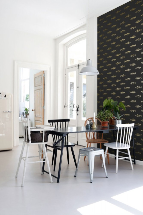 Black non-woven wallpaper with golden fish 139124, Black & White, Esta